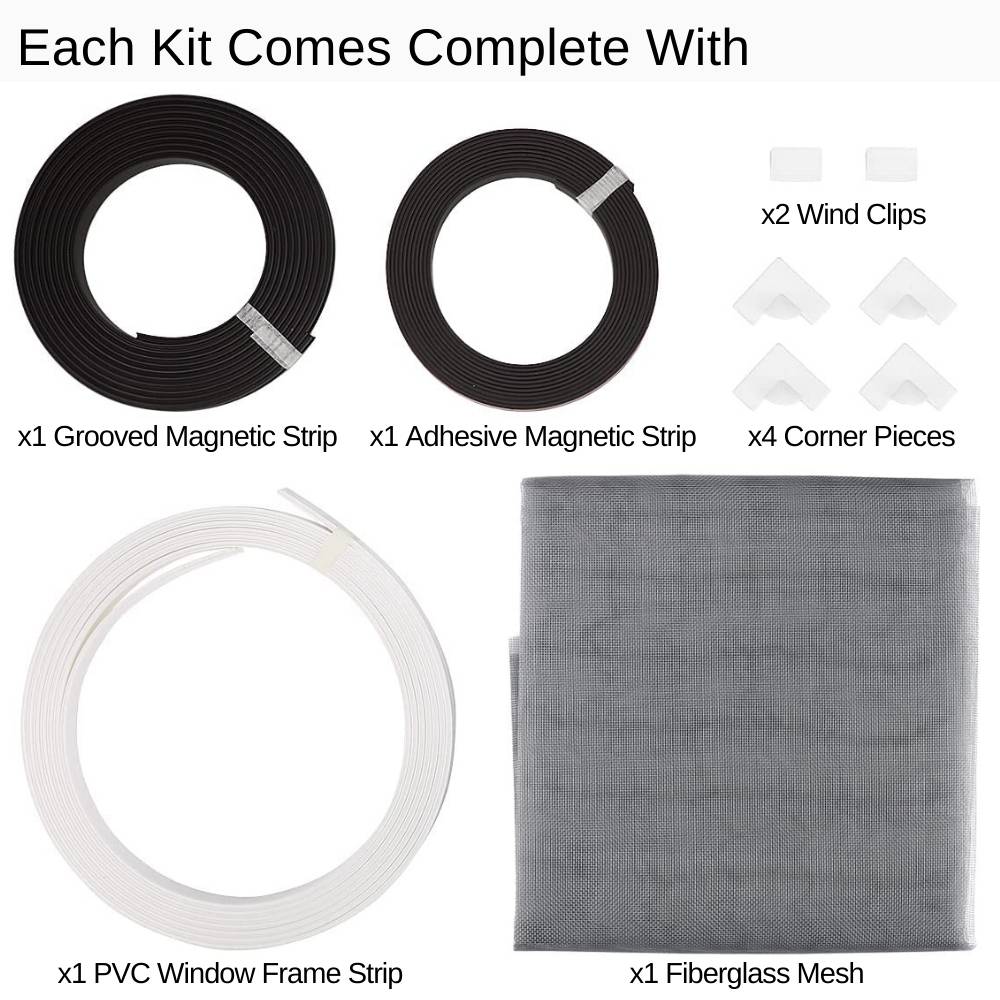 Magnetic window screen kit with mesh, frame, strip, corner pieces and wind clips